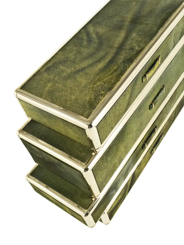 Olive-Green Nested Drawer Set Gold-Trim Textured Finish Compact Storage