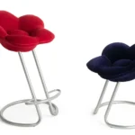 Red Velvet Flower Shaped Upholstered Metal Frame Bar Stool