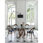 Round Glass Dining Table with Intertwined Wood Legs and Chrome Base