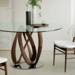 Round Glass Dining Table with Intertwined Wood Legs and Chrome Base