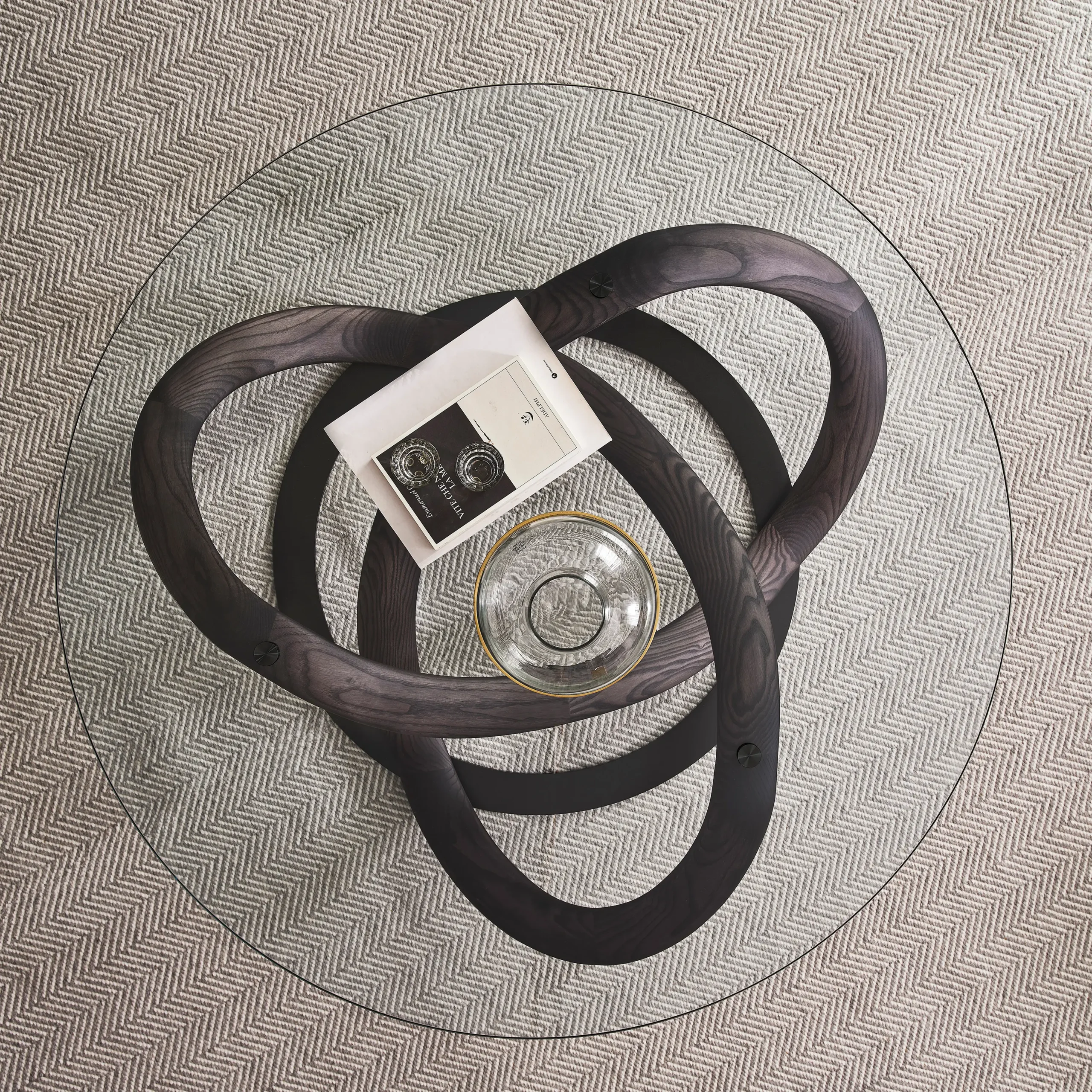 Round Glass Dining Table with Intertwined Wood Legs and Chrome Base