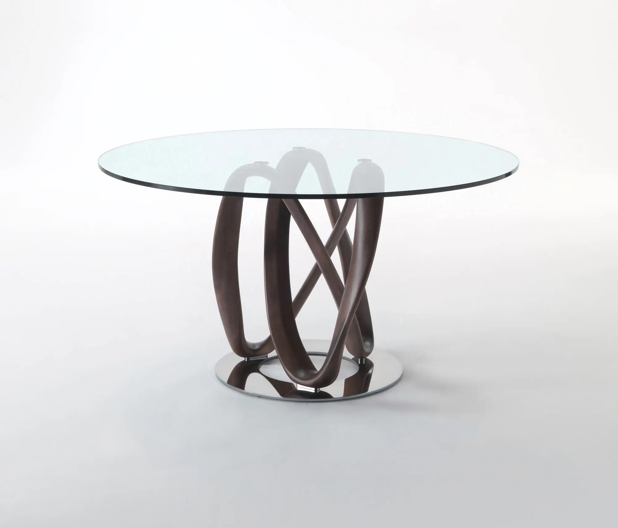 Round Glass Dining Table with Intertwined Wood Legs and Chrome Base
