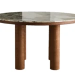 Round Marble Dining Table with Ribbed Walnut Legs