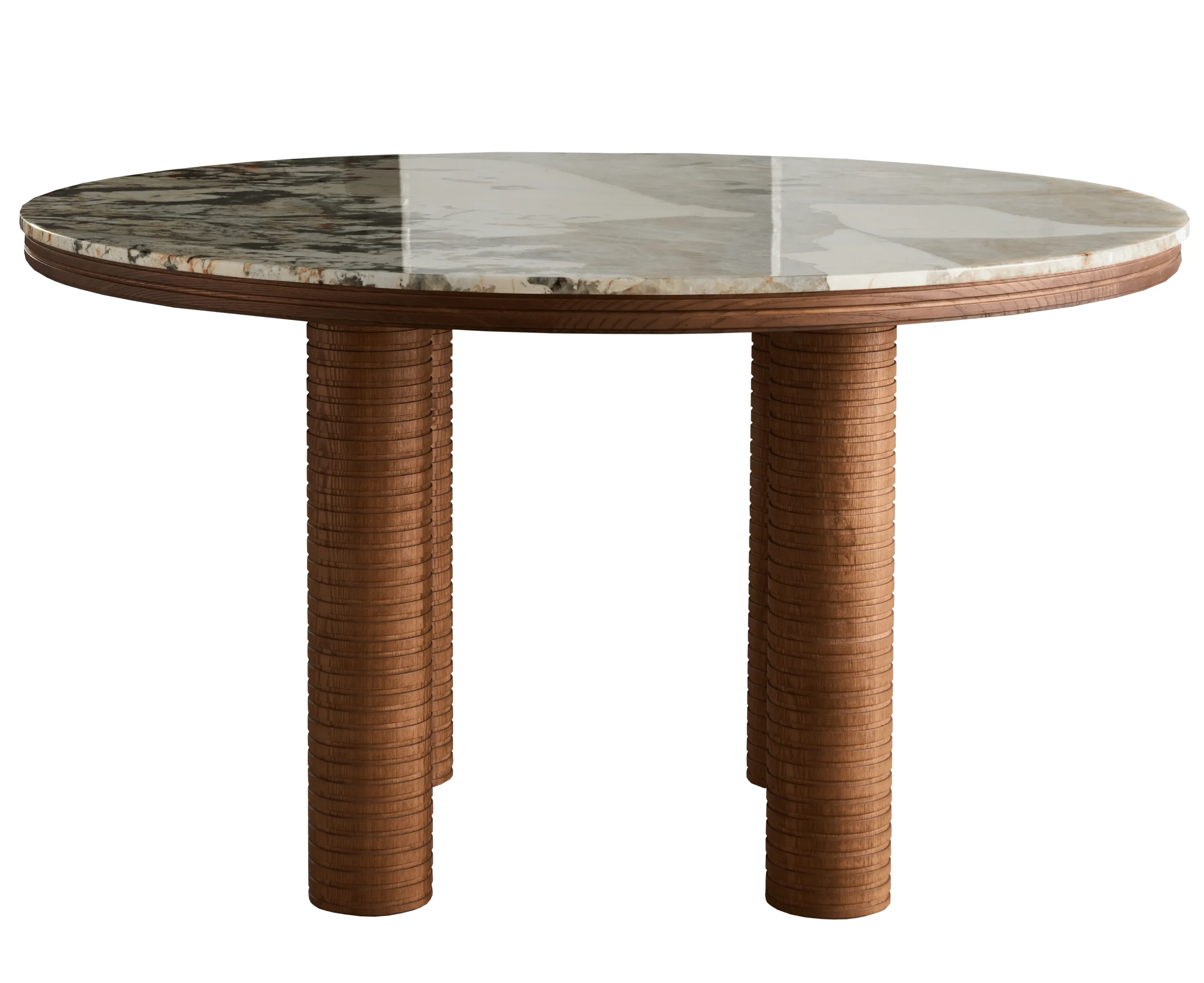 Round Marble Dining Table with Ribbed Walnut Legs
