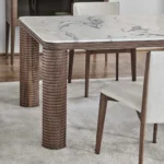 Round Marble Dining Table with Ribbed Walnut Legs