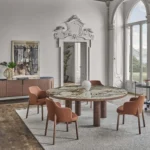 Round Marble Dining Table with Ribbed Walnut Legs