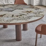 Round Marble Dining Table with Ribbed Walnut Legs