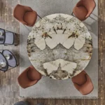 Round Marble Dining Table with Ribbed Walnut Legs