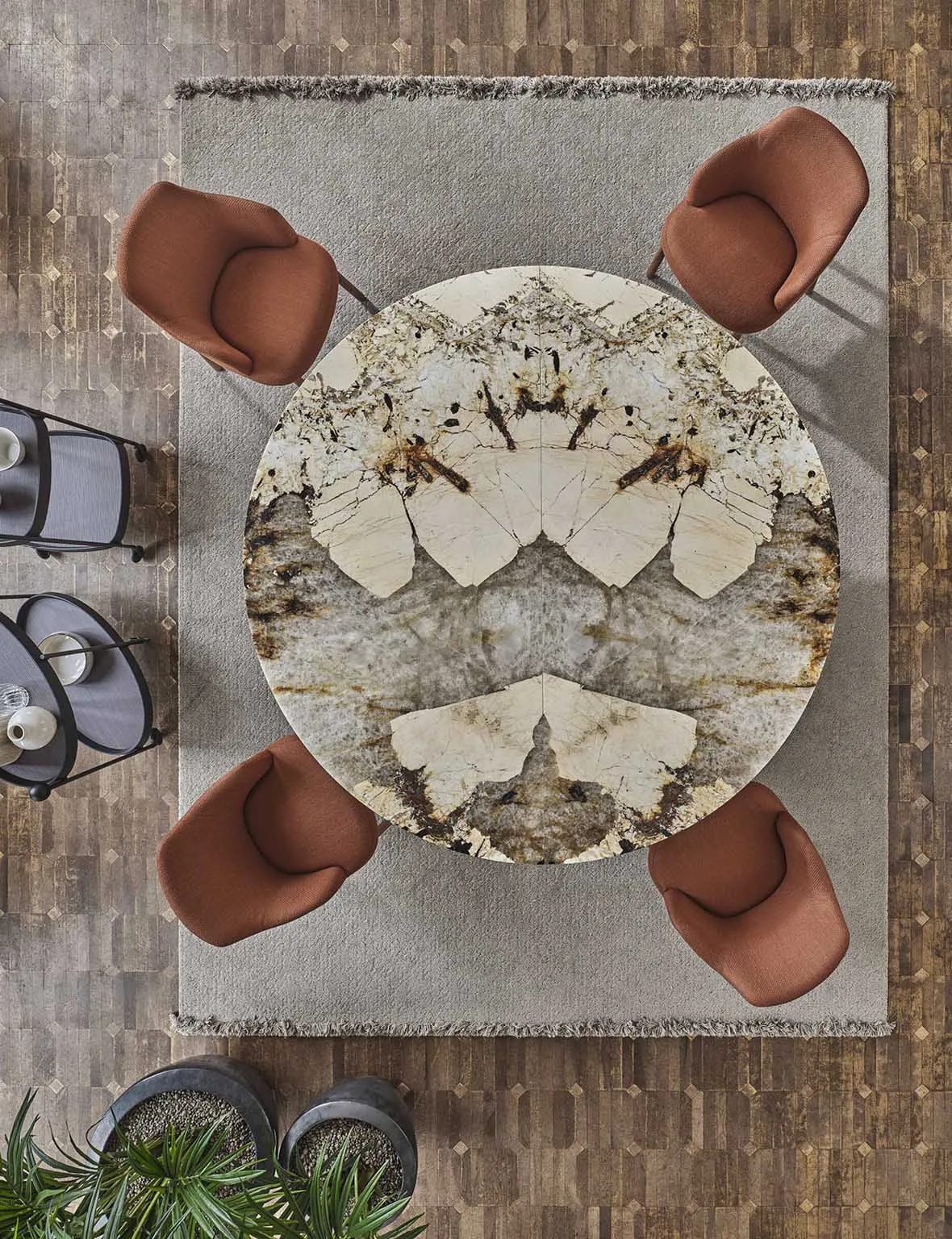 Round Marble Dining Table with Ribbed Walnut Legs