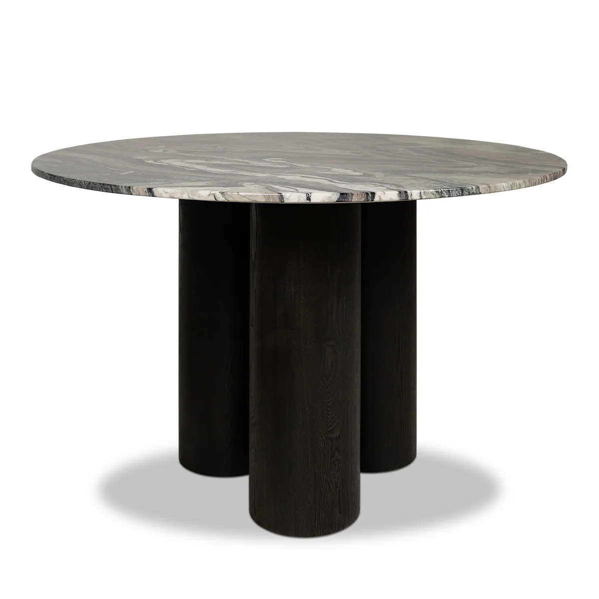 Round Veined Marble Dining Table with Black Cylindrical Wood Base