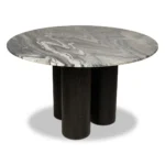 Round Veined Marble Dining Table with Black Cylindrical Wood Base