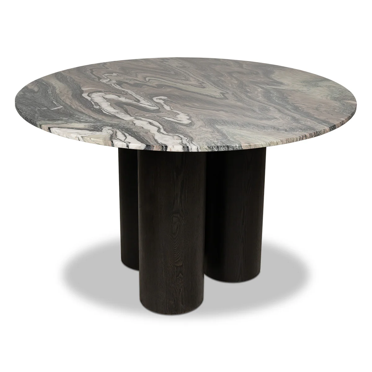 Round Veined Marble Dining Table with Black Cylindrical Wood Base