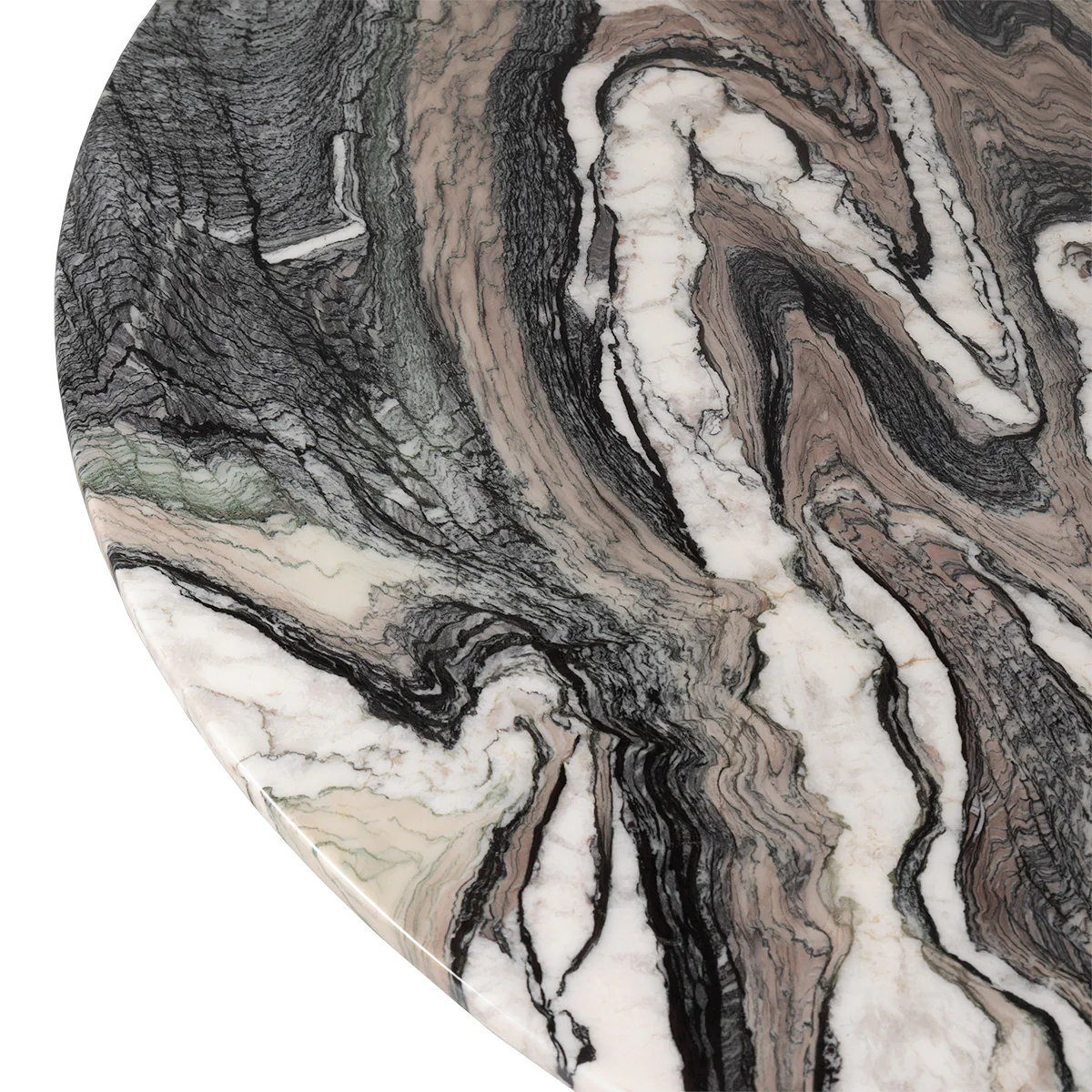 Round Veined Marble Dining Table with Black Cylindrical Wood Base