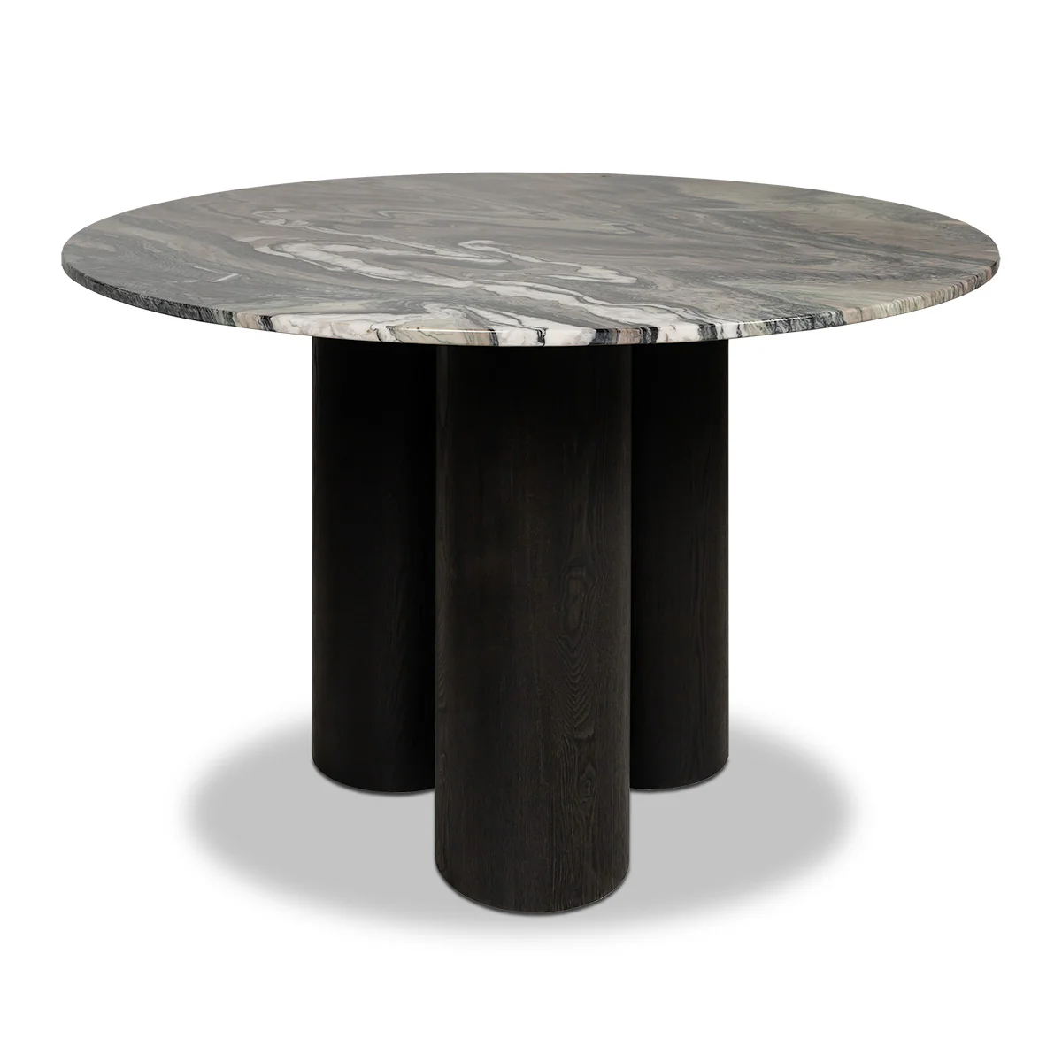 Round Veined Marble Dining Table with Black Cylindrical Wood Base