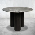 Round Veined Marble Dining Table with Black Cylindrical Wood Base