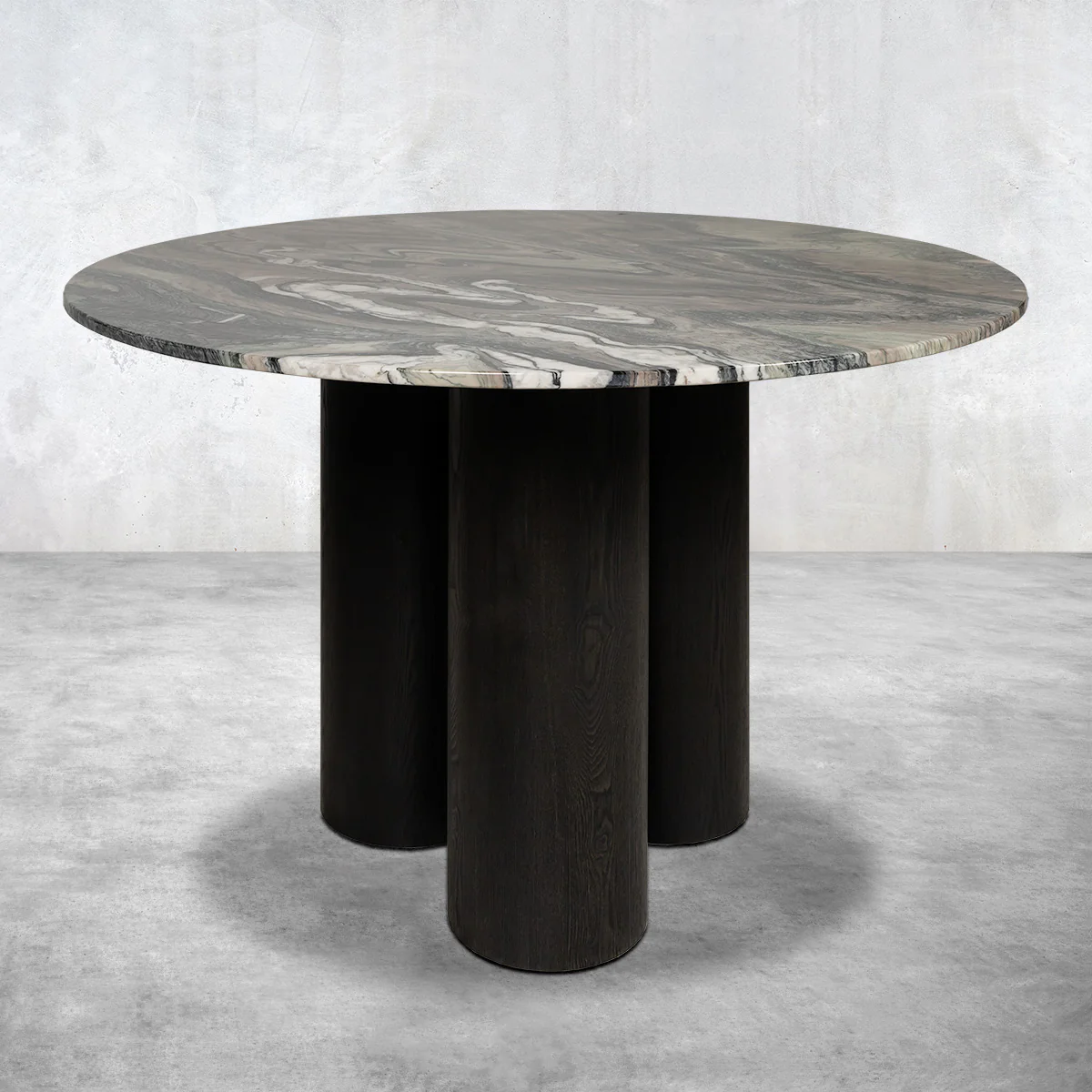 Round Veined Marble Dining Table with Black Cylindrical Wood Base