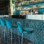 Slate Blue Fabric Counter Stool with Gold Metal Frame