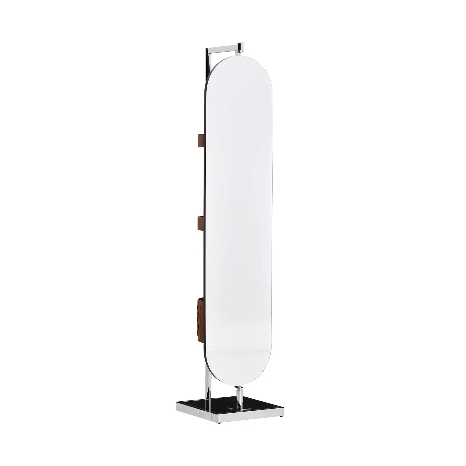 Sleek Oval Silver Mirror Dressing Stand with Microfiber Saddle Leather Accents