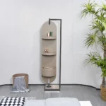 Sleek Oval Silver Mirror Dressing Stand with Microfiber Saddle Leather Accents