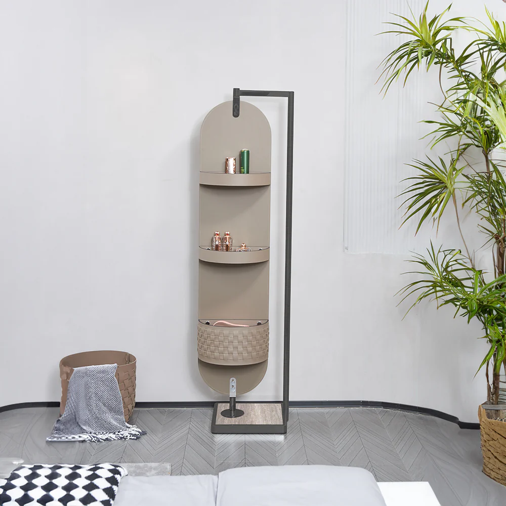 Sleek Oval Silver Mirror Dressing Stand with Microfiber Saddle Leather Accents