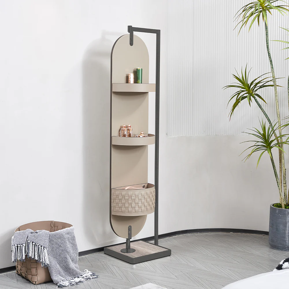 Sleek Oval Silver Mirror Dressing Stand with Microfiber Saddle Leather Accents