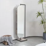 Sleek Oval Silver Mirror Dressing Stand with Microfiber Saddle Leather Accents