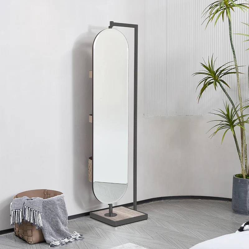 Sleek Oval Silver Mirror Dressing Stand with Microfiber Saddle Leather Accents