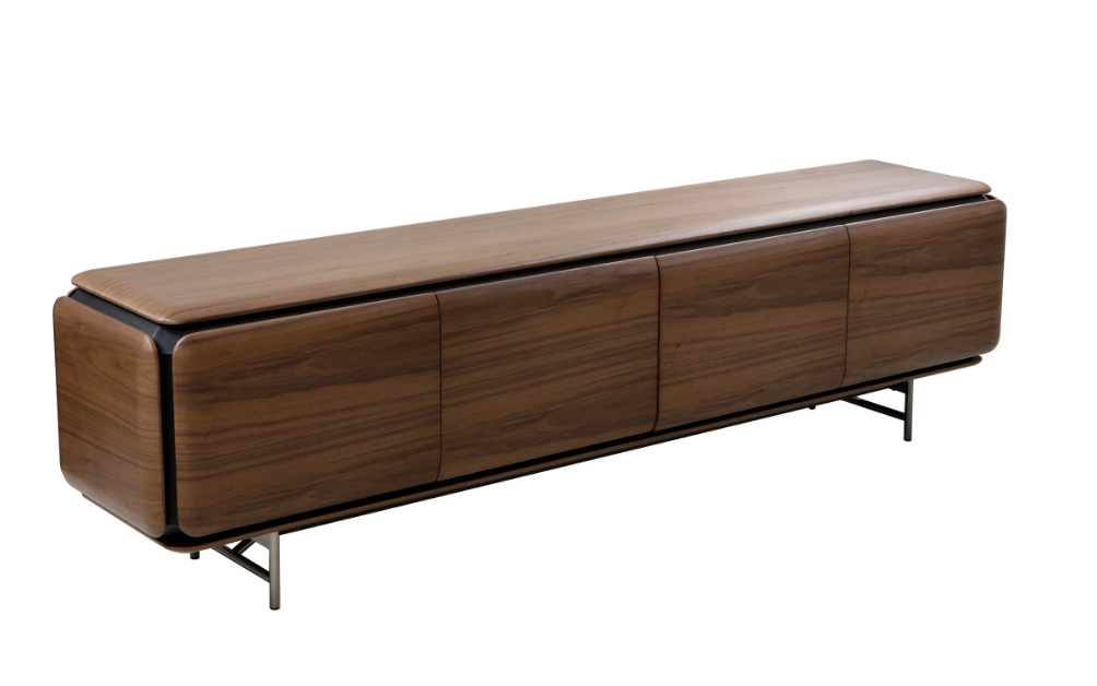 Walnut Wood TV Console Curved Doors Metal Legs Sleek Modern Storage Cabinet