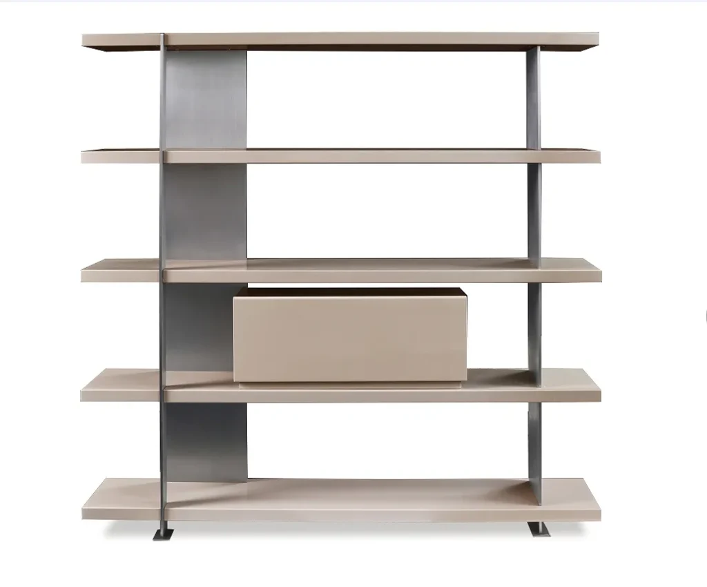 Five Tier Taupe Wooden Open Display Shelf with Metal Frame and Drawer