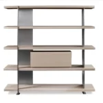 Five Tier Taupe Wooden Open Display Shelf with Metal Frame and Drawer