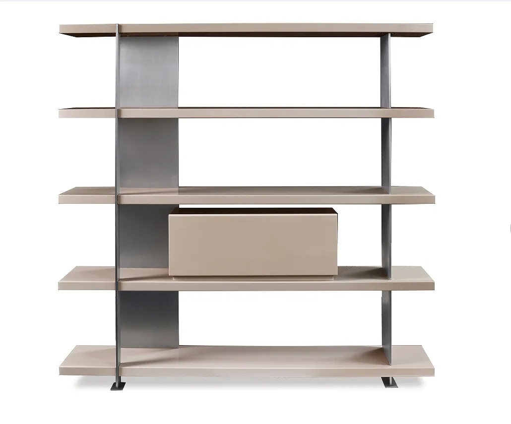 Five Tier Taupe Wooden Open Display Shelf with Metal Frame and Drawer