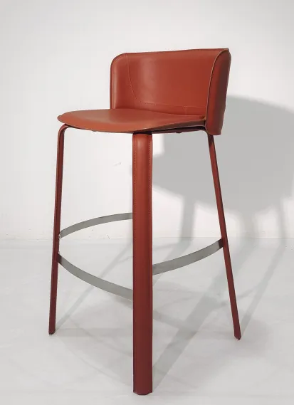 Terracotta Leather Upholstered Modern Bar Stool with Footrest