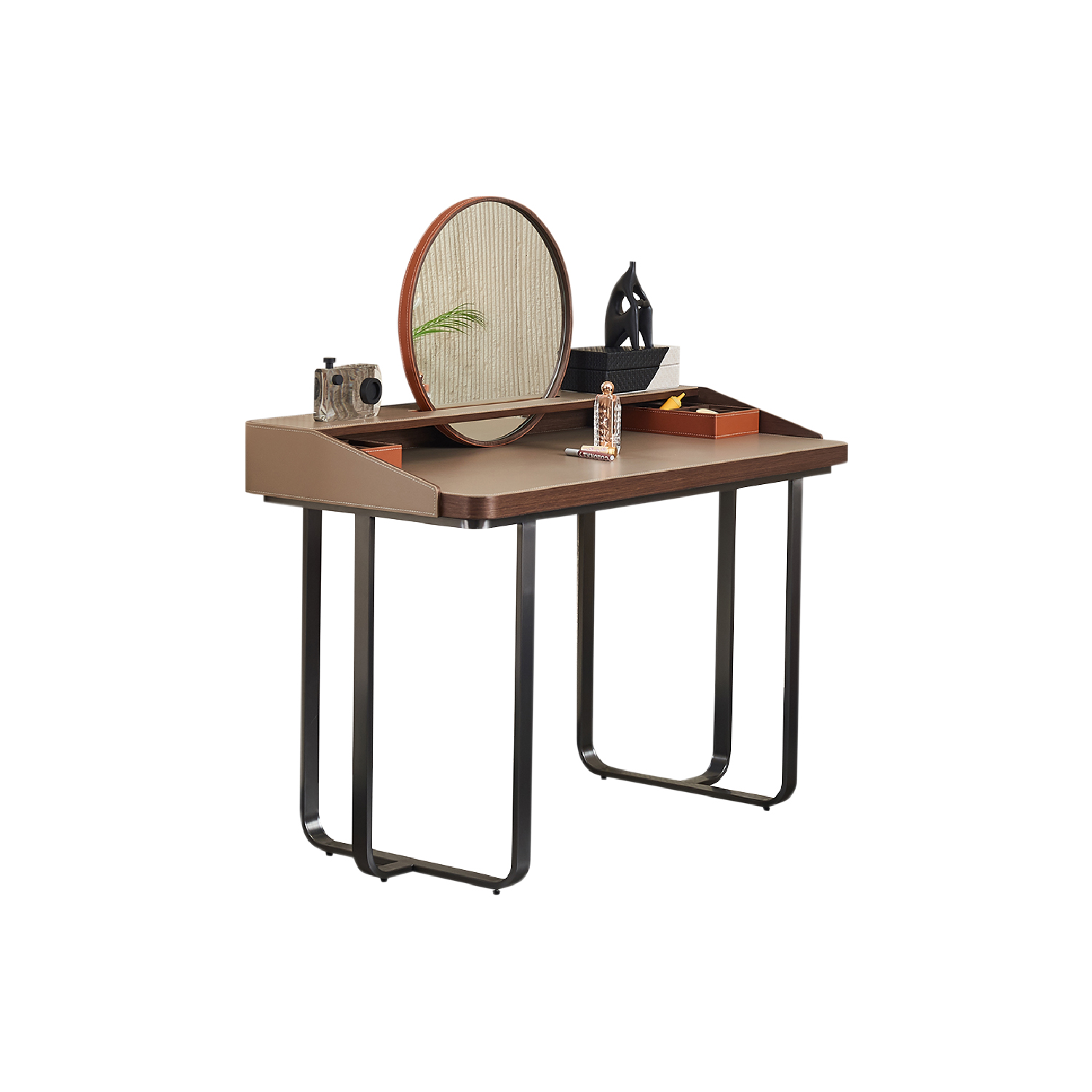 Walnut Vanity Desk with Rattan Round Mirror and Storage Tray