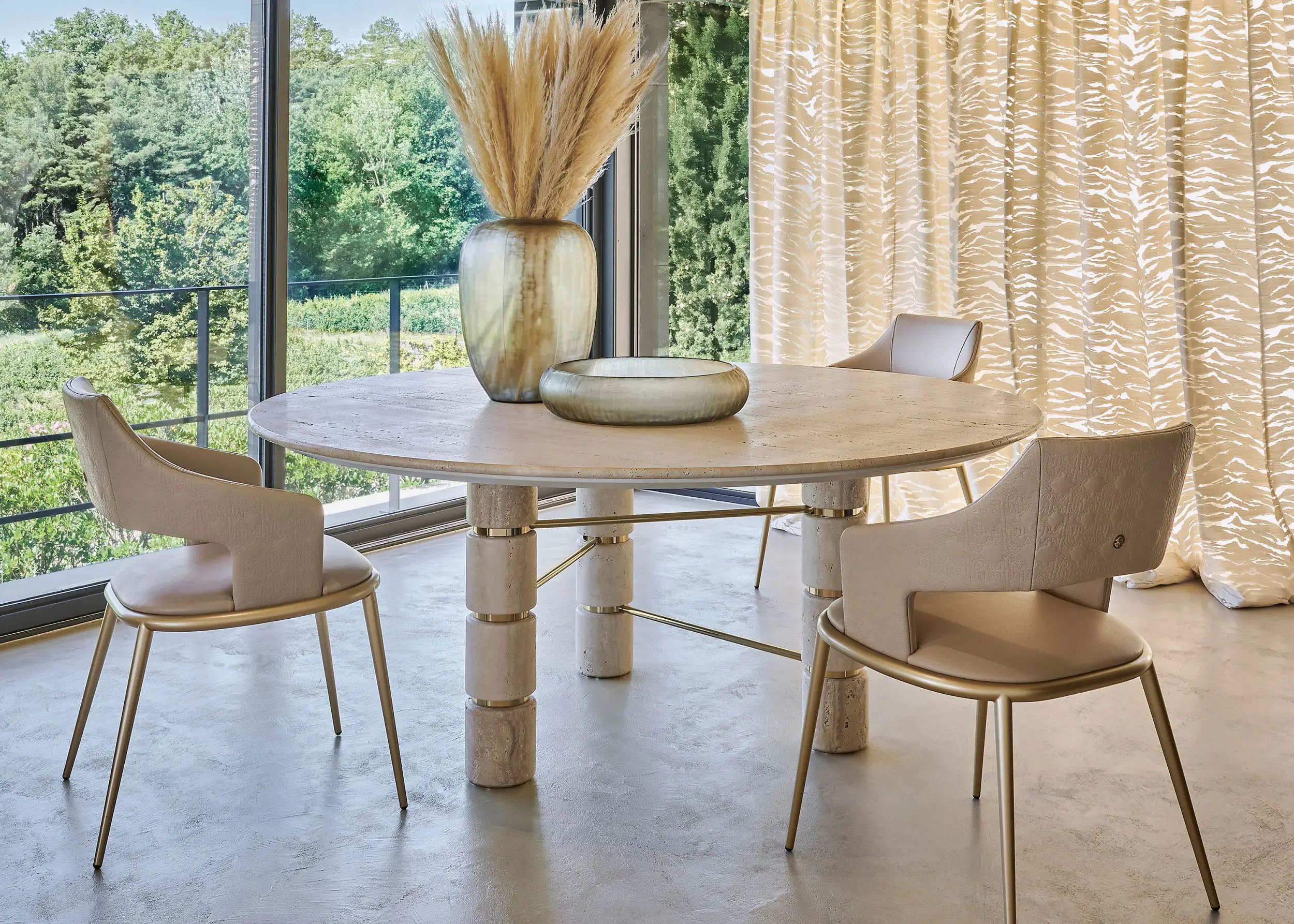 Travertine Round Dining Table with Stacked Cylindrical Legs