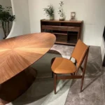 Walnut Round Dining Table with Starburst Veneer and Cone Base
