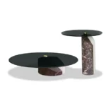 Marble-Accented Black Glass Nesting Side Tables with Geometric Pedestals