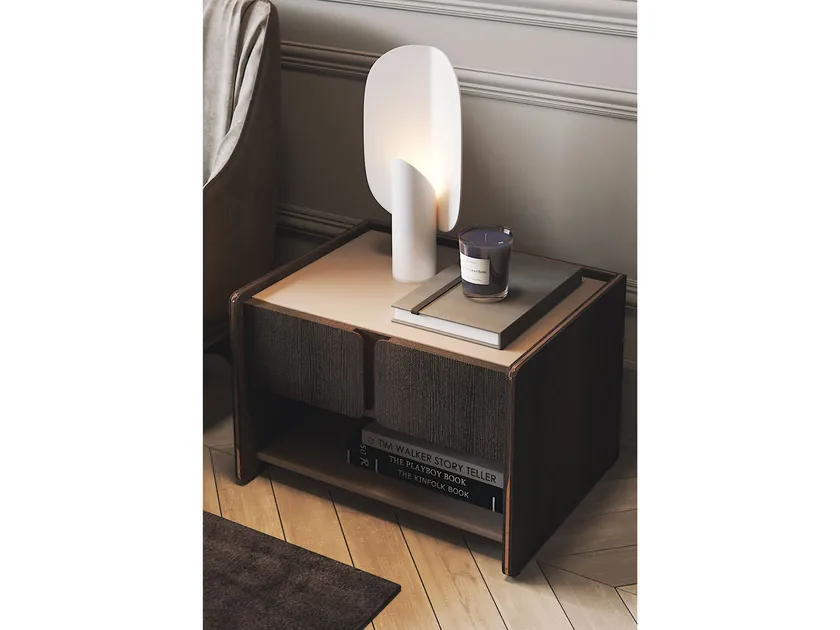 Light Beige Nightstand with Marble Top and Open Shelf