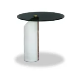 Marble-Accented Black Glass Nesting Side Tables with Geometric Pedestals
