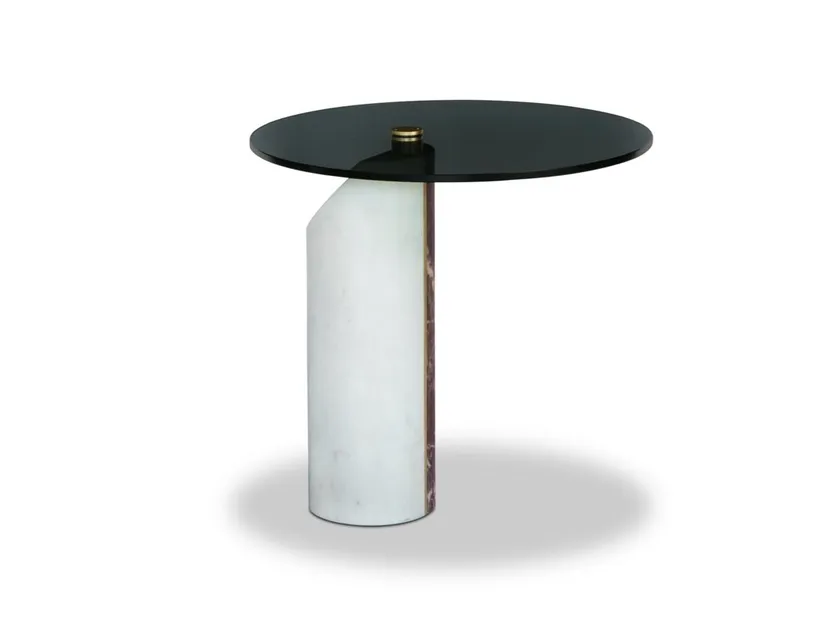 Marble-Accented Black Glass Nesting Side Tables with Geometric Pedestals