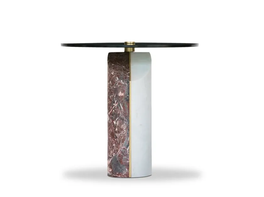 Marble-Accented Black Glass Nesting Side Tables with Geometric Pedestals