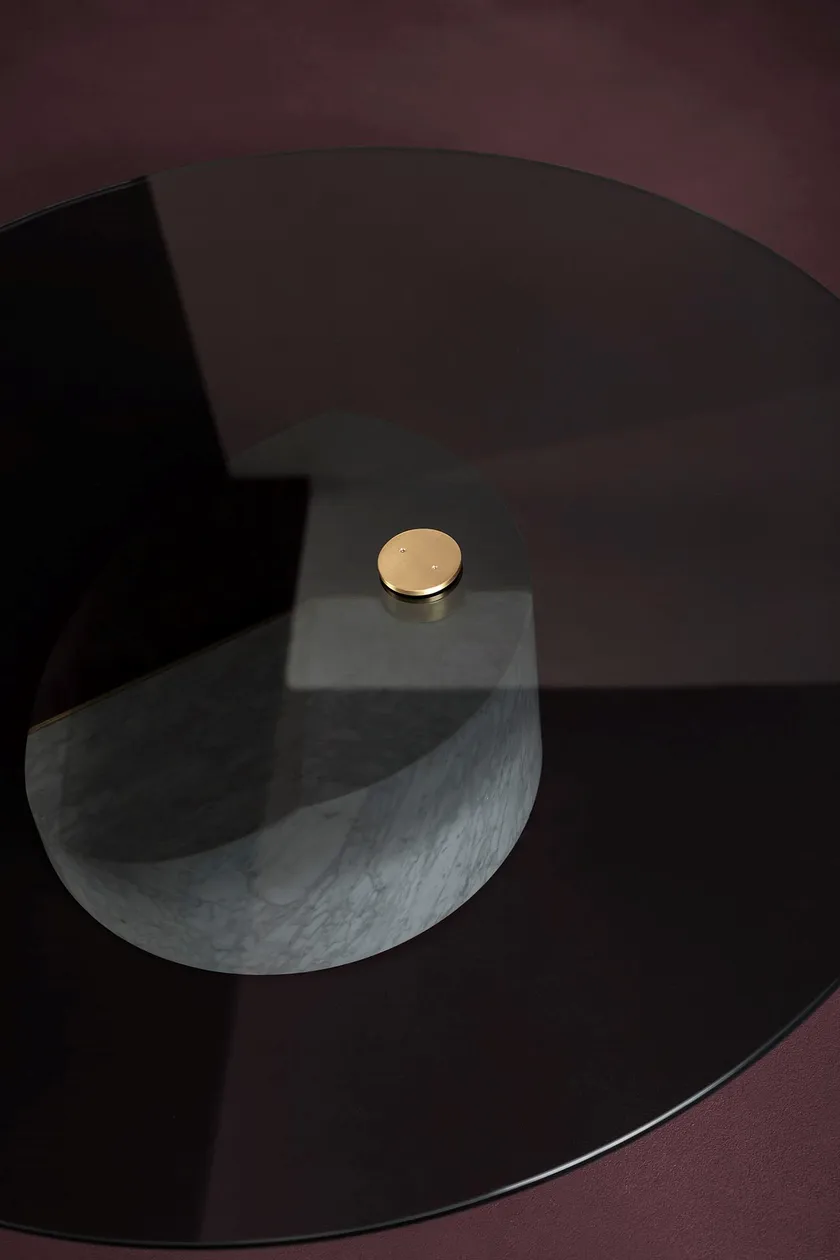 Marble-Accented Black Glass Nesting Side Tables with Geometric Pedestals