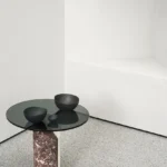 Marble-Accented Black Glass Nesting Side Tables with Geometric Pedestals