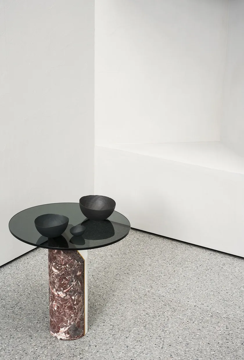 Marble-Accented Black Glass Nesting Side Tables with Geometric Pedestals