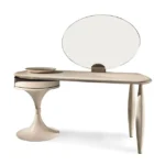 Glossy Grey Vanity Set with Round Mirror and Tulip Stool