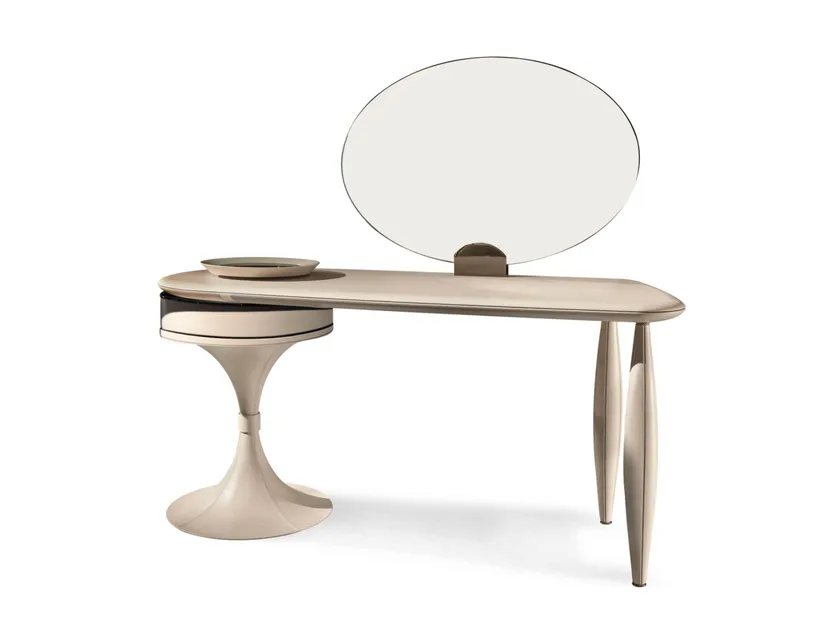 Glossy Grey Vanity Set with Round Mirror and Tulip Stool