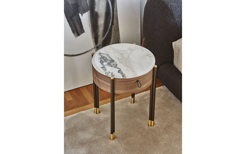 Round Marble Top Walnut Nightstand with Metal Legs