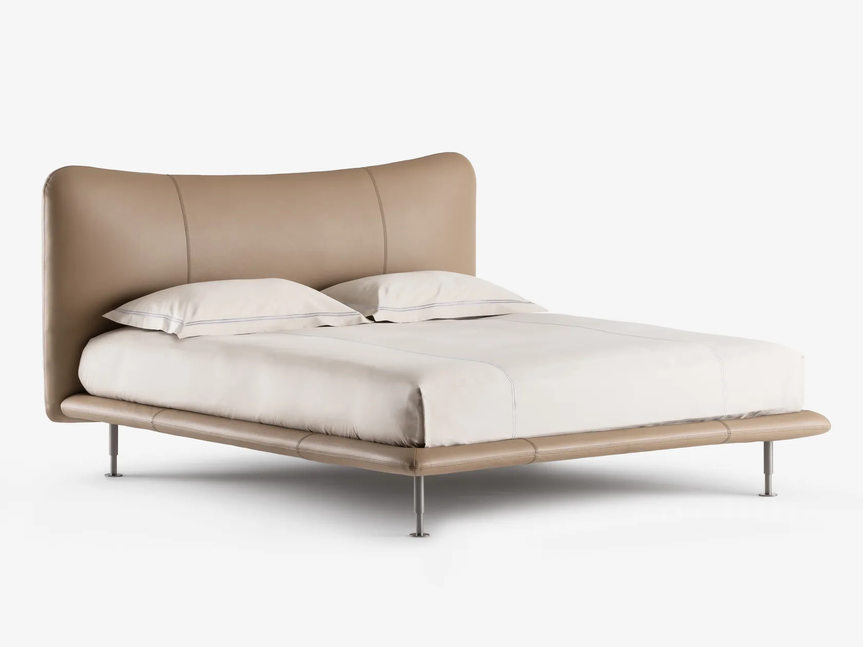 Beige Curved Leather Bed Modern Sleek Design with Slim Metal Legs