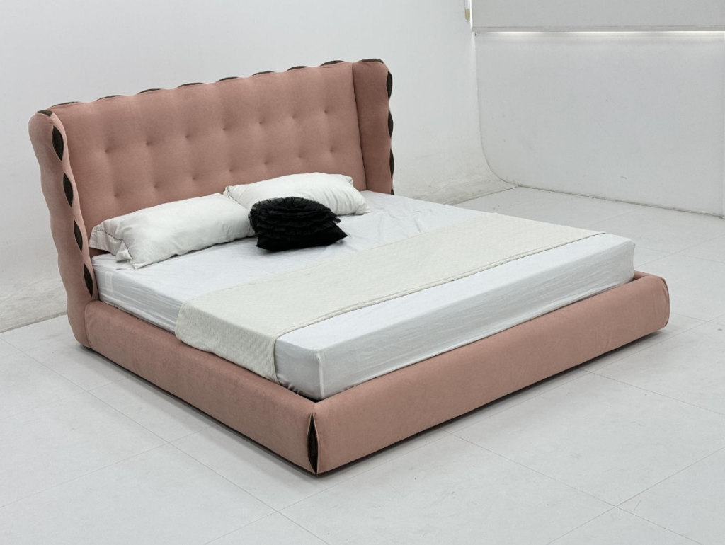 Blush Tufted Wingback Bed Velvet Upholstery with Contrast Accent Details