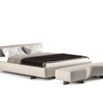 Light Fabric Platform Bed Modern Minimalist Design with Curved Ottoman Accent