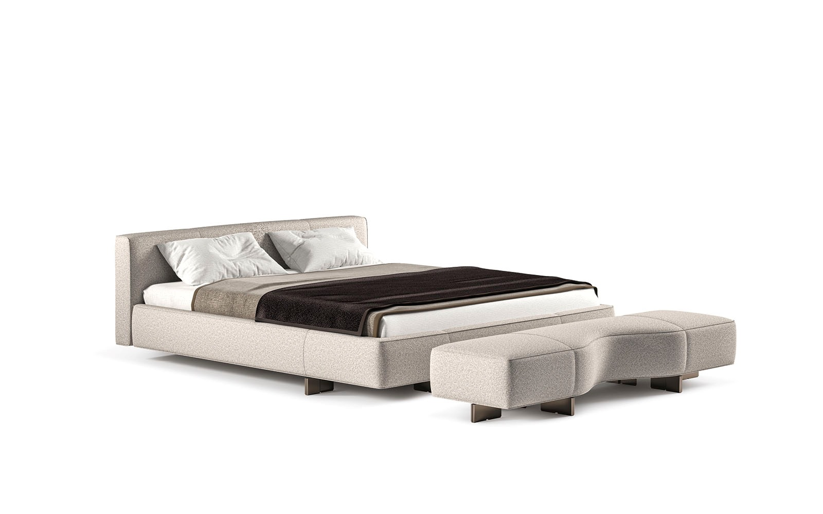 Light Fabric Platform Bed Modern Minimalist Design with Curved Ottoman Accent